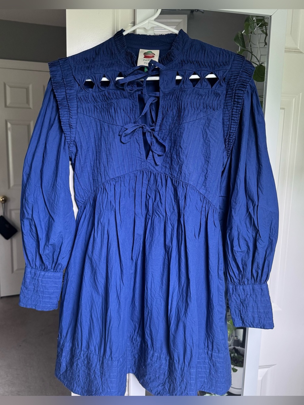 Farm Rio Royal Blue Open Yoke Pintuck Cotton Poplin Mini Dress Boho Cottagecore